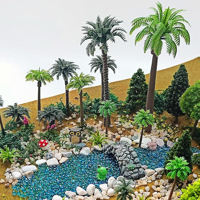 42Pcs Diorama Supplies Kit, Model Trees, Miniature Palm Trees, Architecture Tree, Decorative Sand, Stone, Grass, Moss Stick,Scenery Basing Material Kit for DIY Craft, Model Train Scenery