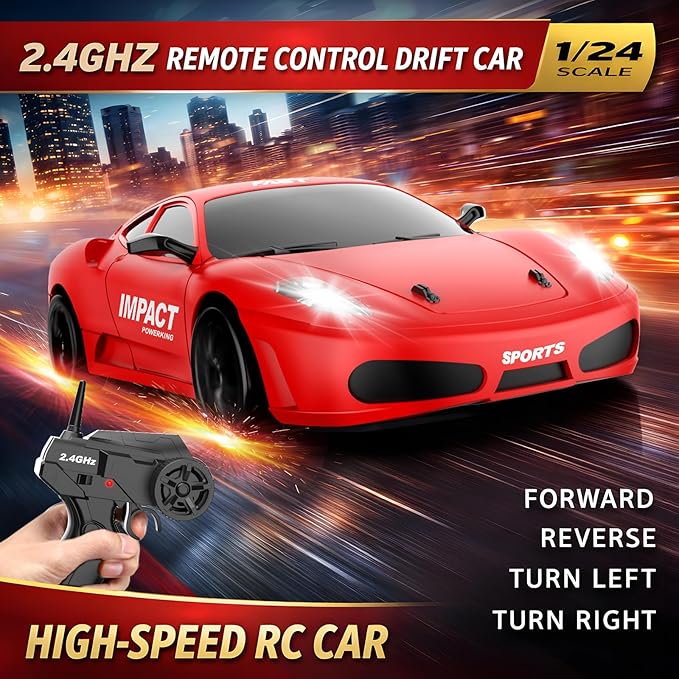 Remote Control Car RC Drift Car 2.4GHz 1:24 Scale 4WD 15KM/H High Speed Model Vehicle with LED Lights Drifting Tire Racing Sport Toy Car for Adults Boys Girls Kids Gift 2Pcs Rechargeable Batteries