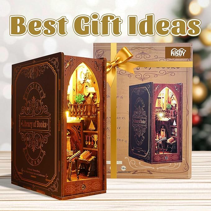 Kisoy Book Nook Kit, 3D Wooden Puzzle Booknook Build Bookshelf Decor, DIY Miniature House Kit for Adults and Teens, Mini House Arts&Craft Gifts for Family and Friends(Library of Book)