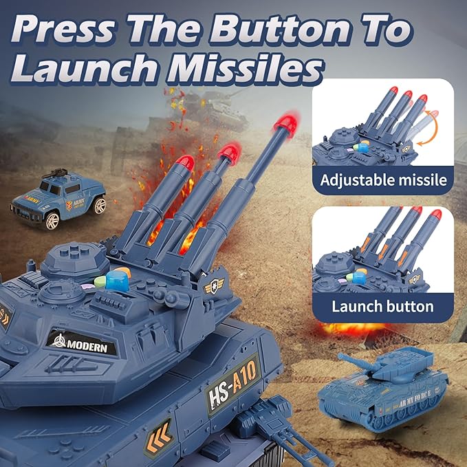 Army Toys - 6 Pcs Alloy Mini Vehicles & 8 Army Men, Military Tank Toys with Light & Sounds, Missiles, Gift for Boys 3-6 Years