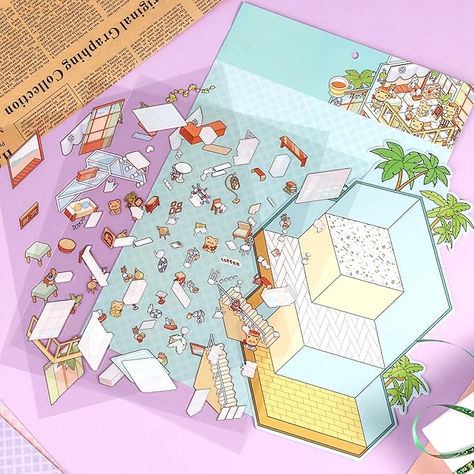 DIY 3D House Stickers, 4 Set Fun DIY Stickers Scene Make Your Own Warm Home, Supermarket, Coffee Shop, Music Bar, Cute 3D Cartoon Scene Sticker for Adult Kids Relief Stress Pass The Time(XMPLUS3.0)