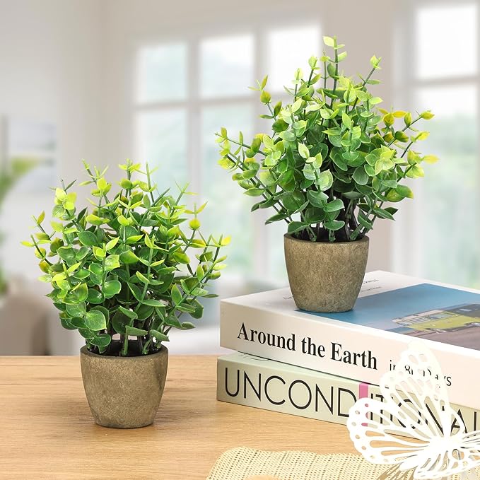 FAVOWREATH 2 Pack Fake Plants Ceramic Mini Artificial Greenery Potted Plants for Home Decor Office Decor Room Decor Farmhouse Decor Indoor Table Bathroom Decor