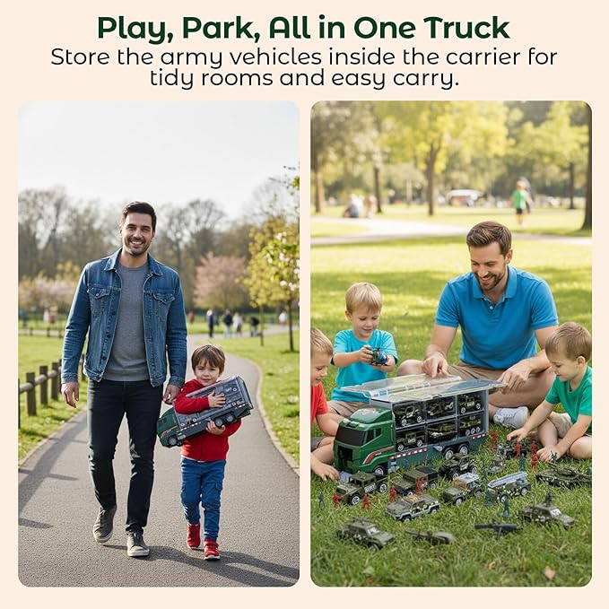 LovesTown 44PCS Large Military Truck Set, 13PCS Mini Die-cast Military Toy Cars in Carrier Truck with 30PCS Army Men Toy Soldiers for Kids Boys Birthday Party Favors
