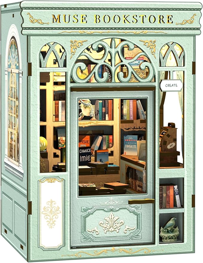 Cutefun Book Nook Kit - DIY Miniature Dollhouse Kit 3D Creative Decorative Bookend 3D Wooden Puzzle for Adults, Bookshelf Insert Library Decor with LED Light (Muse Bookstore)
