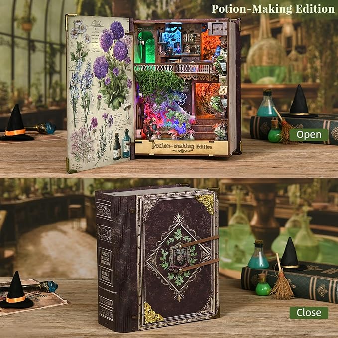 Book Nook Kit, DIY Miniature Dollhouse Booknook Kit, 3D Wooden Puzzle for Teens and Adults, Bookend Bookshelf Insert Decor with LED Light (Potion-Making Edition)