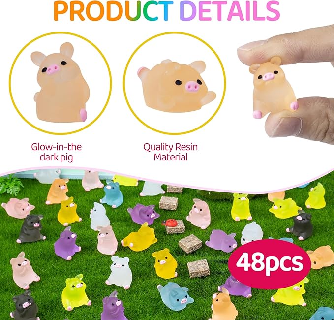 48 Pcs Luminous Mini Resin Pigs Tiny Animals Miniature Pig Figures Glow in The Dark for DIY Garden Dollhouse Pig Figurines Accessories Micro Landscape Aquarium Party Decor