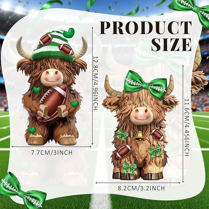 Burbell 2 Pack Football Highland Cow Resin Figurine Decor Bathroom Highland Cow Gnomes with Football Scarf Resin Statue for Garden Table Shelf Home Decor Calf Gnome Herd Gifts