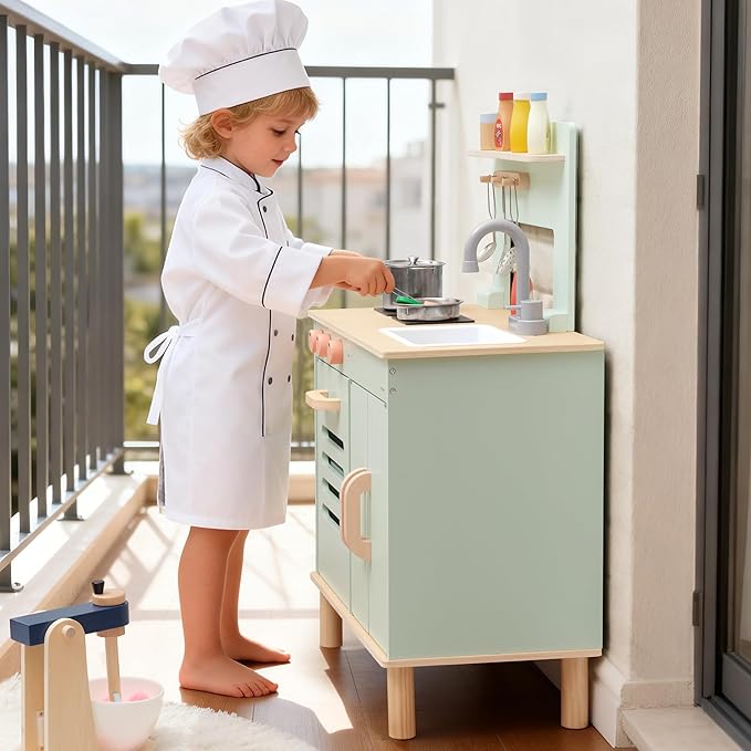 Pillowhale Wooden Play Kitchen Set, Mint Green Stove & Sink with 5 Stainless Steel Tools, Click Knobs, Storage Cabinets, Montessori Toy for Toddlers 3+