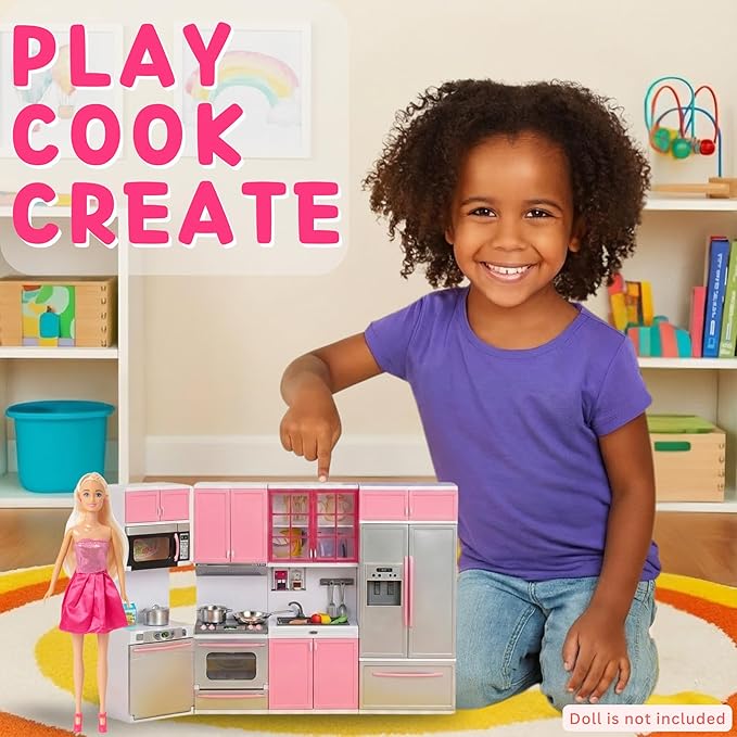 Doll Kitchen Playset for Kids, My Modern Mini Kitchen House Furniture Pretend Play Toy Accessories Set with Realistic Lights & Sounds for Toddlers, Girls (4-in-1)