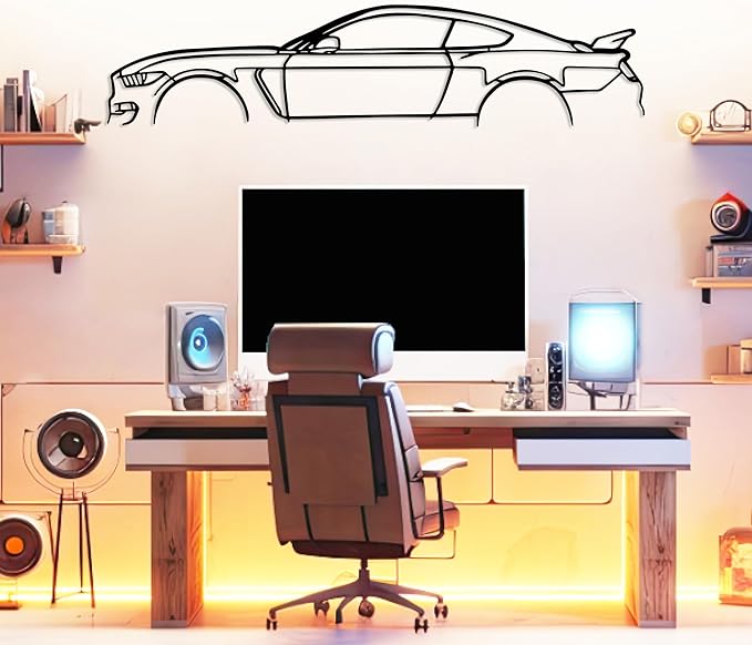 Shelby GT350 Model Silhouette Metal Car Wall Art, Sports Car, Automotive Silhouette Line Decoration, Minimalist Sculpture for Garage, Man Cave, Wall Hanging, Gift for Boyfriend and Car Lovers (Black - 30 x 6.5” inch)