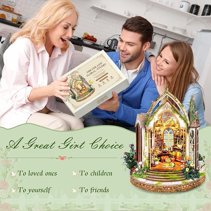 Book Nook Kit for Adults and Teens, DIY Miniature House Kit with Led Light, 3D Wooden Puzzles for Adults, Wood Gifts for Family and Friends(European Garden Model)
