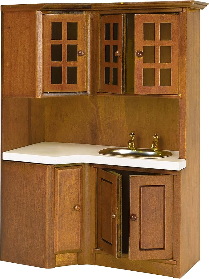 Dollhouse Kitchen Cabinets - 1/12 Scale Miniature Wooden Storage Pantry with Sink, Mini Modern for Corner Cooking Furniture Kitchen Accessories for Doll House Restaurant Decoration, Brown