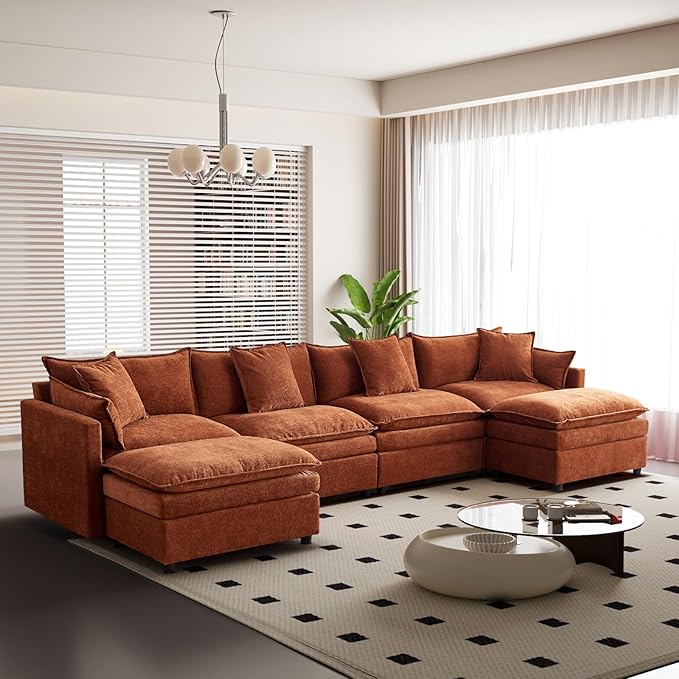 142" Modular Sectional Sofa with 2 Ottomans, 6-Seat Modern Chenille Cloud Couch, Convertible U/L-Shaped Sleeper Sofa with Double Cushions & 4 Lumbar Pillows for Living Room, Apartments and HomeTheater