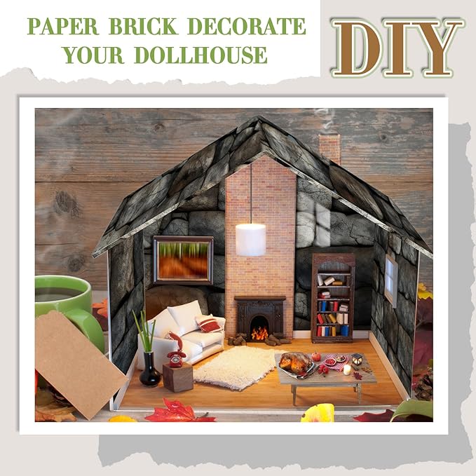 Flutesan 24 Pcs Miniature Dollhouse Wallpaper and Flooring Peel and Stick Mini DIY Self Adhesive Dollhouse Accessories 8.27 x 11.69 Inch (Stone Pattern)