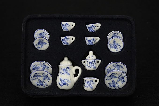 Dollhouse Decoration Accessories, 1:12 Dollhouse Miniature Scene Model 15 PCS Porcelain Teacup and Saucer Set (J, 15 Pcs)