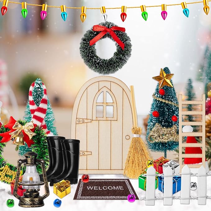 38Pcs Doll House Christmas Decoration, Miniature Christmas Dollhouse Accessories Fake Light Door Mini Xmas Tree 1:12 Miniature Scene Model Pretend Toys DIY Festival Holiday Party Favors