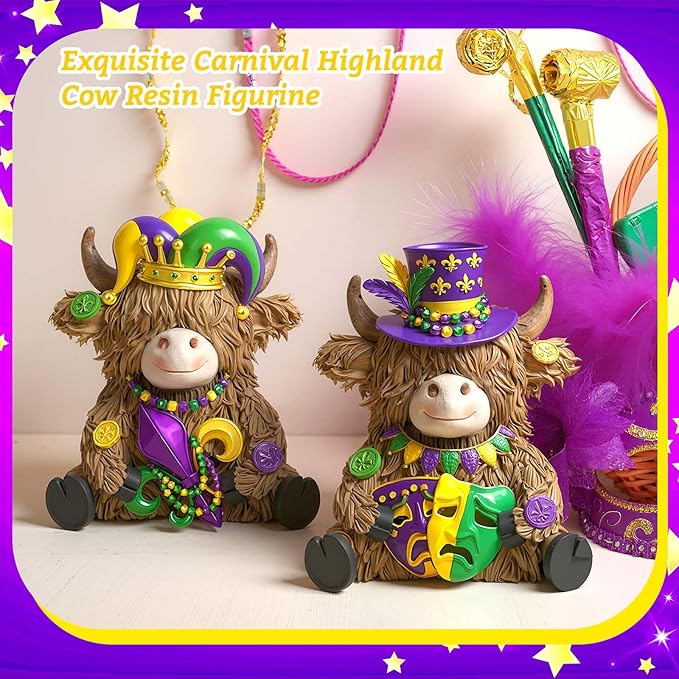 Burbell 2 Pack Mardi Gras Highland Cow Resin Figurine Mardi Gras Bathroom Highland Cow Gnomes with Mask Starfish Resin Statue for Garden Table Shelf Home Decor Calf Gnome Herd Gifts
