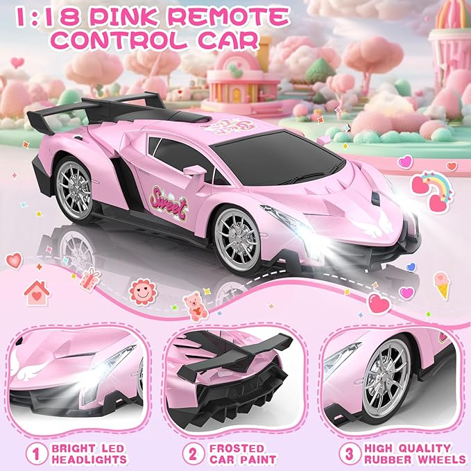 Growsland Remote Control Car for Girls, 1:18 Pink RC Cars Toys for Kids Girl Electric Vehicle Toy Car Hobby Racing Car with Lights & Controller, Birthday Gifts for Girl Boys Age 3 4 5 6 7 8 9 Year Old