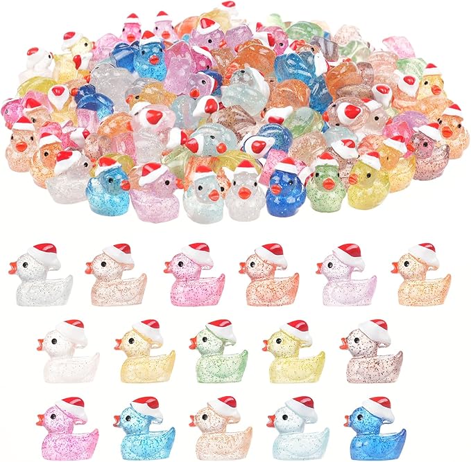 160PCS Luminous Mini Glitter Ducks Christmas Colorful Tiny Resin Ducks to Hide Miniatures Figures for Prank Xmas Goodie Bag Fillers Party Decor