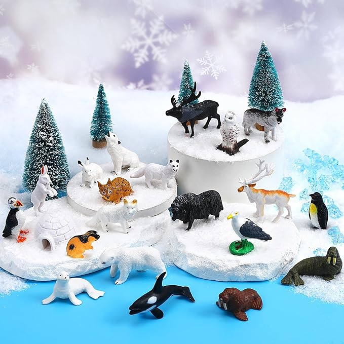 21 Pcs Mini Arctic Animals Figurines Set, Polar Bear Penguin Caribou Christmas Tree Model Winter Landscape Ornaments for Miniature Town Activities