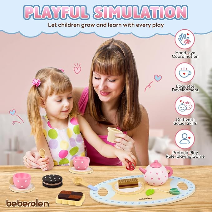 Wooden Tea Set for Little Girls Birthday Gift 3-4 Year Old Princess Toys Play Food Sets for Kids Kitchen Accessories Toddlers 3-5 Outdoor Party Pretend Food Dessert Cookies Wood Toy