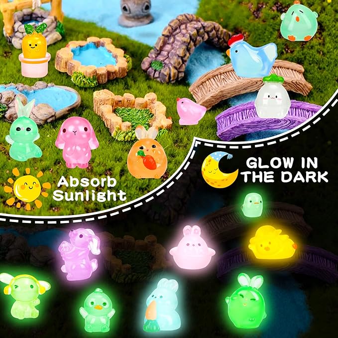 56 Pcs Easter Luminous Mini Resin Figurines 56 Style Glow in The Dark Little Small Resin Miniatures to Hide Bulk Bunny Chick Figures for Easter Party Favors Egg Fillers Micro Garden Landscape Decor