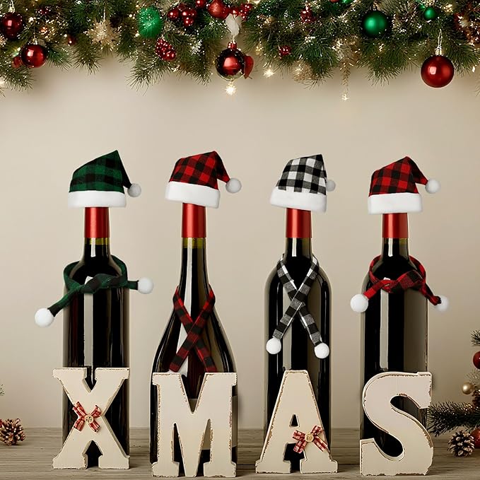 Geyoga 16 Pcs Mini Knit Doll Hat Valentines Day Small Santa Hat for Craft Winter Mini Snowman Hats and Scarf Tree Ornaments Snow Stripe Heart Wine Bottle DIY Decor Gifts
