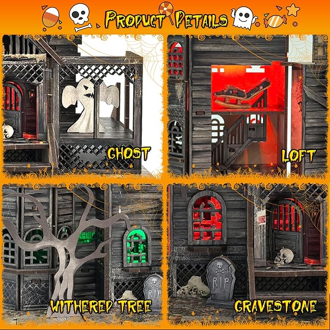 3D Wooden Puzzle Haunted House Model Set - Miniature Haunted House Kits with Led Accessories Furniture, Suitable for Adults and Teenagers to DIY Halloween Horror Doll House Craft Gifts.