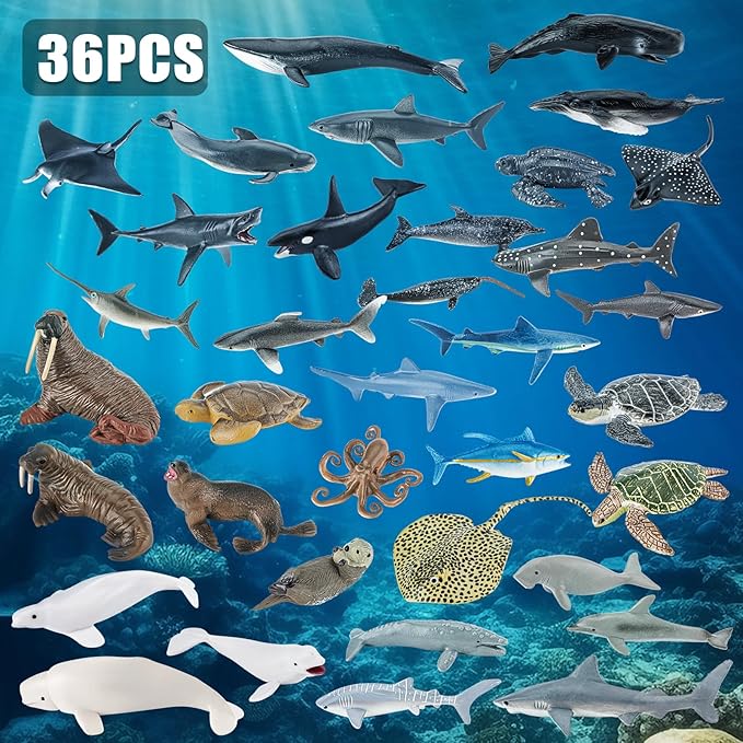 36PCS Sea Animal Toys with Shark, Whale, Octopus & Other Ocean Animal FigurinesToys for Kids, Ocean Theme Cake Toppers Party Favors Birthday Gift for Boys Girls