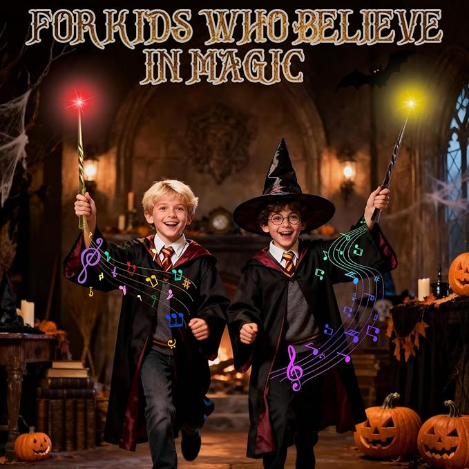KingGlee Light Up Wizard Magic Wand Set with Sounds & 4 Light Modes – Illuminating Witch Wands for Kids Cosplay Birthday Gift, 2PCS, Brown & Golden