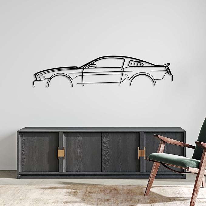 DecoSoul Mustang Metal Car Wall Art, Sports Car, Automotive Silhouette Line Decoration, Minimalist Sculpture for Garage, Indoor Outdoor Wall Hanging, Gift for Boyfriend (Black - 30 x 8.2” inch)
