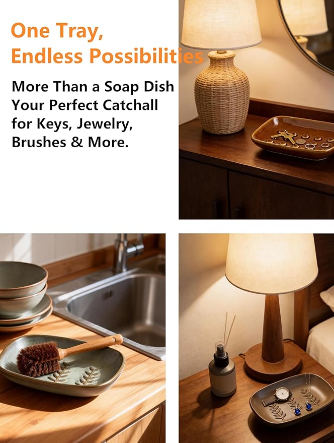 Soap Dish for Shower, Ceramic Bar Soap Holder, Soap Saver Non-Slip, Decorative Sponge Tray for Bathroom Kitchen Sink Bathtub, Multi-Purpose, Raised Pattern - Keep Soap Dry, Brown