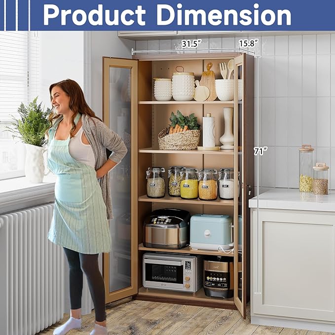 Display Cabinet with Glass Doors, Display Case Cabinet for Collectibles, Curio Display Cabinet with 4 Adjustable Shelves, 71" Glass Display Cabinet for Home Living Room (Wood Color)