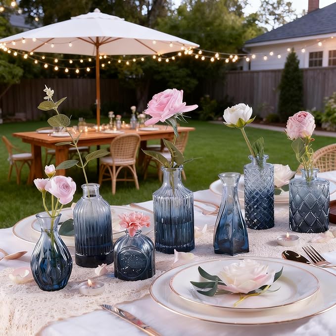 Bud Vases Set of 12 Pcs, Blue Mini Glass Vases for Flowers, Vintage Small Vase for Centerpieces, Small Flower Vase Design for Wedding Decorations Home Flower Party Decor