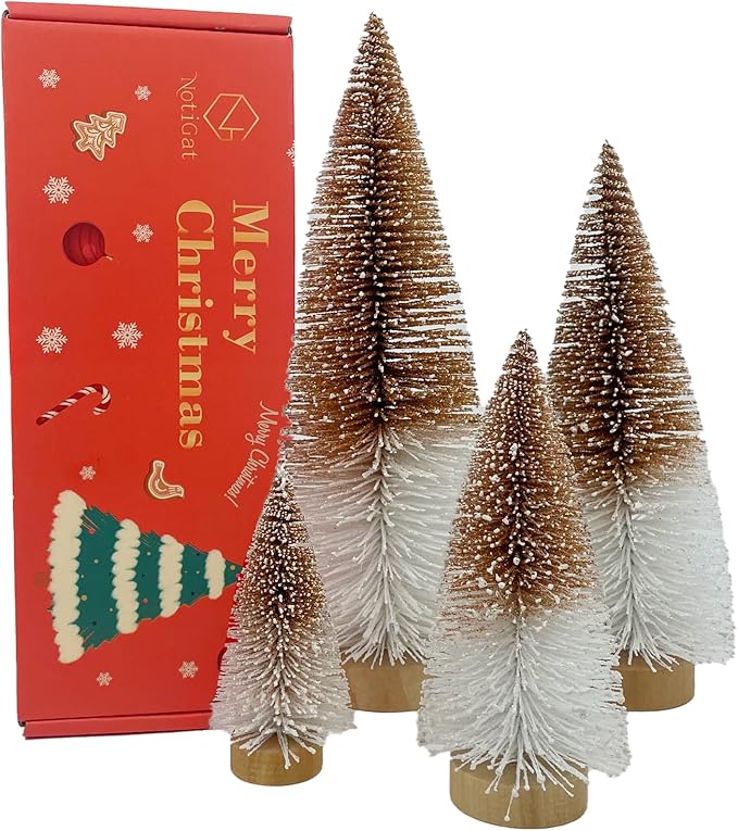 Mini Christmas Tree Bottle Brush Christmas Trees Decor for Christmas Decorations Wooden Bases (Orange and White)