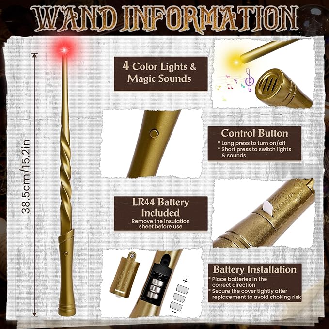 KingGlee Light Up Wizard Magic Wand Set with Sounds & 4 Light Modes – Illuminating Witch Wands for Kids Cosplay Birthday Gift, 2PCS, Brown & Golden