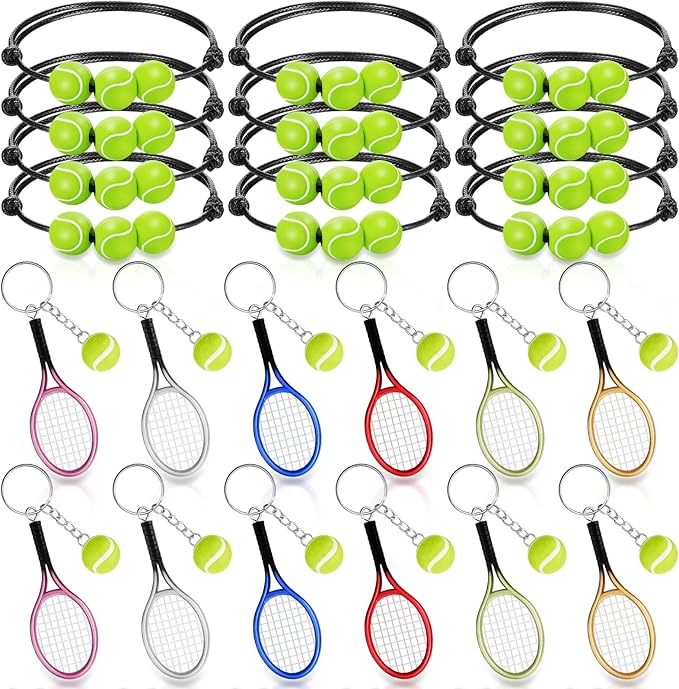 Henoyso 24 Pcs Tennis Gifts Tennis Party Favors 12 Pcs Mini Tennis Racket with Ball Keychain 12 Pcs Sport Theme Beads Charm Braclet Adjustable for Sport Gift Accessories