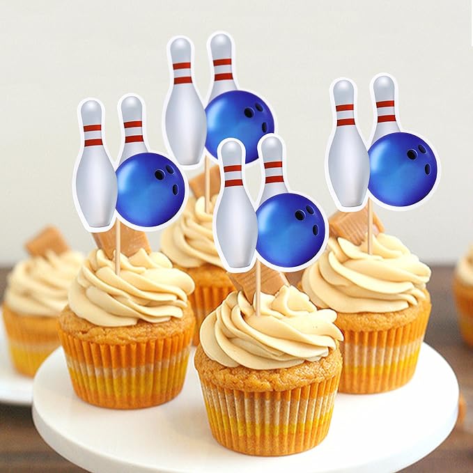Ercadio 24 Pack Double Sided Bowling Cupcake Toppers Sports Bowling Cupcake Picks Bowling Birthday Cake Decorations Baby Shower Bowling Sports Theme Party Cake Decorations