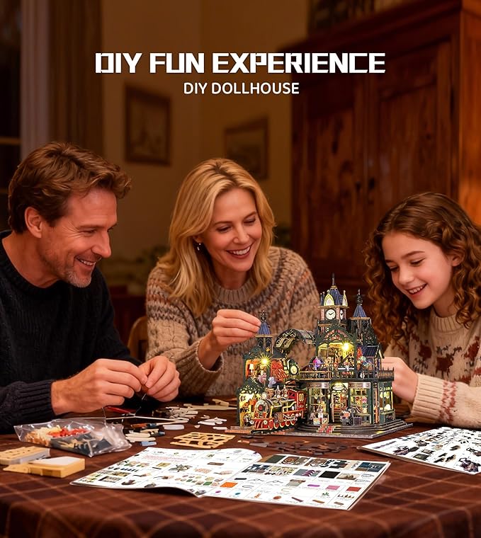 DIY Tiny House, Miniature House Kit Steampunk-Style Rail-Track City Wooden with LED Lights & Music Box & Display Case, Dollhouse Kit for Creative Home Decoration & Adult and Teens Gift