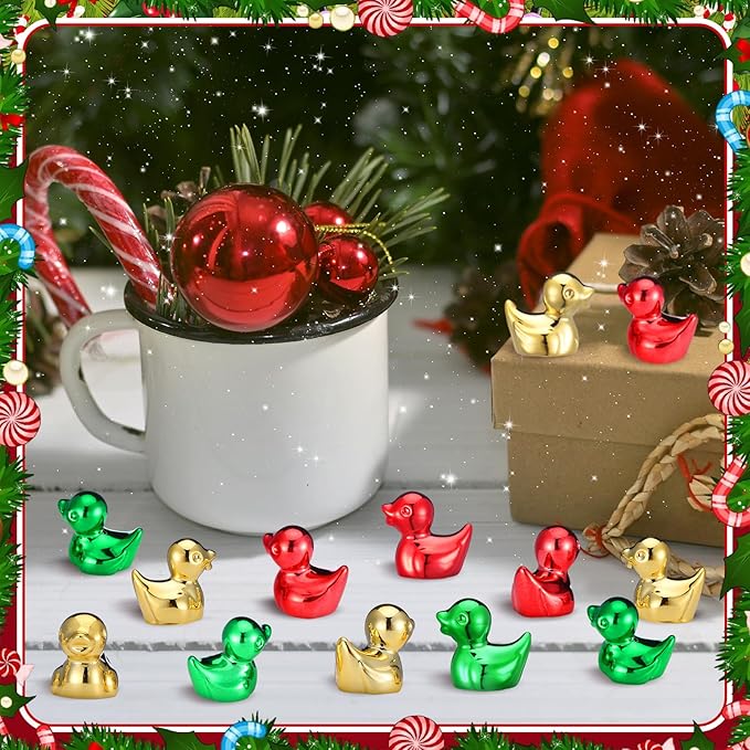 100 Pcs Shiny Christmas Mini Duck Figures Colorful Christmas Duck Decor Micro Landscape Aquarium Garden Hide and Seek Decoration Charm for Party Gift(Gold, Red and Green)
