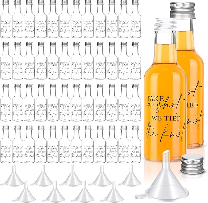 Bokon 50 Pcs Mini Wedding Liquor Bottles Take a Shot We Tied The Knot Shot Glasses for Guests 1.7 Fl Oz/ 50 ml Plastic Reusable Empty Bottle with Cap Funnel Acrylic Mini Glasses for Bridal (Silver)
