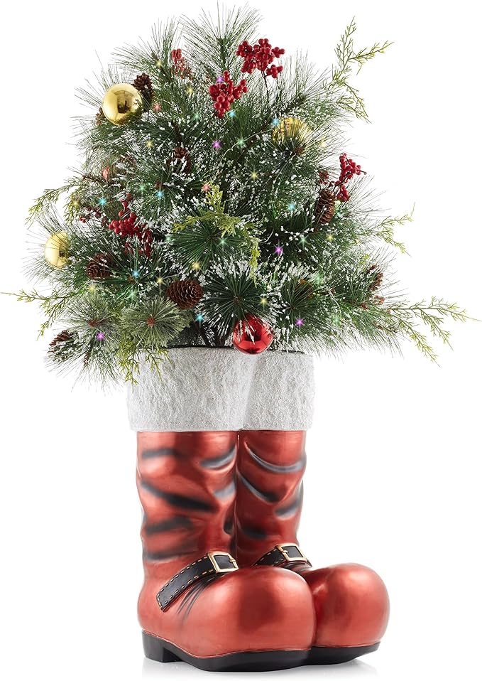 Casafield Santa Boots Decoration with Holiday Greenery, 40" Pre-Lit Hand-Painted Outdoor Christmas Decor