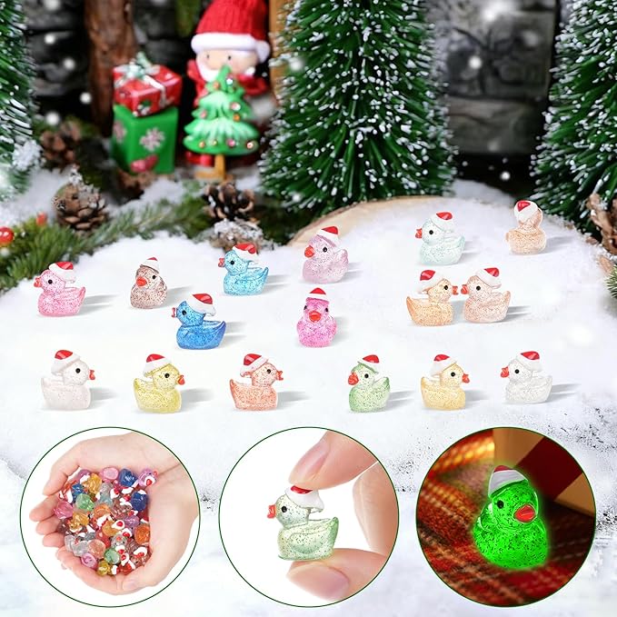 160 Pcs Mini Christmas Glitter Ducks Glow in The Dark Luminous Tiny Resin Ducks Small Duck Figurines for Xmas Tree, Dollhouse Micro Garden Landscape Aquarium Decoration Crafts