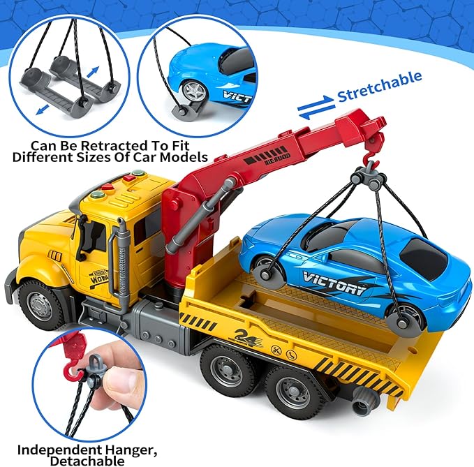 Large Tow Truck Toy, Kids Toys for 3 4 5 6 7 8 Years Old Boys Toddlers Birthday Easter Gifts, Friction Powered Transport Crane Toy with Lights and Sounds, 2Pcs Racing Car, Traffic Signs