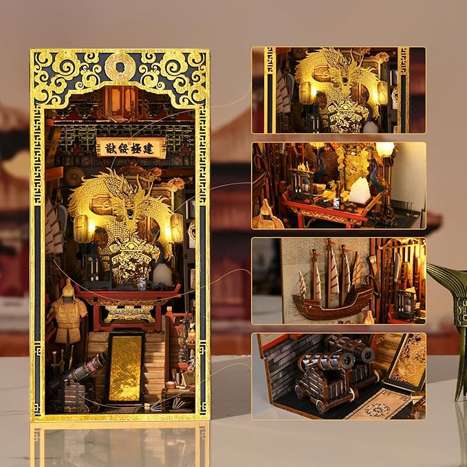 MiniCity Book Nook Kit, DIY Dollhouse Booknook, Book Nook Miniature Kit for Bookshelf Insert Decor Crafts for Adults Teen Halloween, 3D Wooden Puzzle with Led Light (The Emperor's Study)