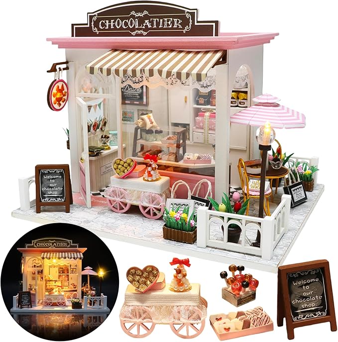 Miniature House Kit, Miniature Dollhouse for Beginners, DIY Dollhouse Kit for Adults to Build, Model Building Craft Diorama Kit, Ideal Gifts for Birthday, Christmas(Chocolate Shop)