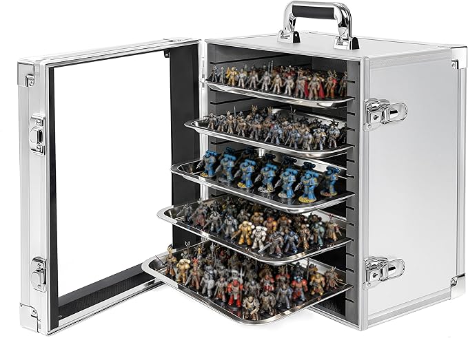 Miniature Carrying Storage Case Aluminum Alloy Frame Transport Case, Miniatures Transport Case with Lock and 5 Metal Tray