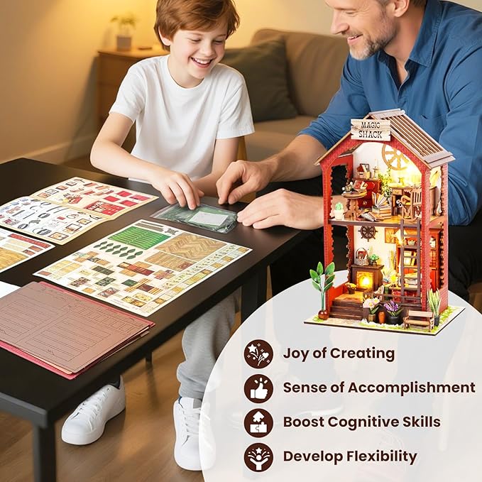 DIY Book Nook Kit, Beginner 3D Puzzle Wooden Book Nook, Dollhouse Kit, with Furniture and LED Light, Accessories Educational Toys, for 14+ Teens and Adults Building