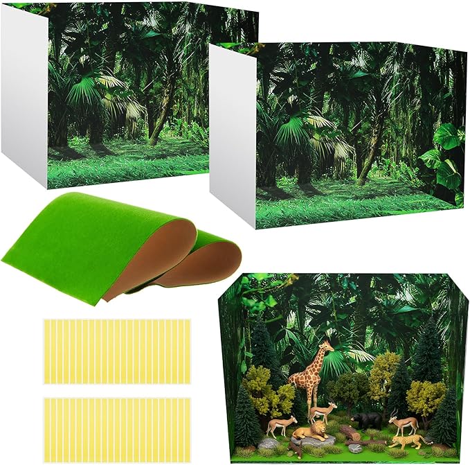 AmazingSpark 4 Set Rainforest Style Diorama Box and Fake Grass Decor, Rainforest Diorama Project Supplies Set, Cardboard Display Case Kit & Artificial Grass with Double Sided Tapes for DIY Crafts Toys