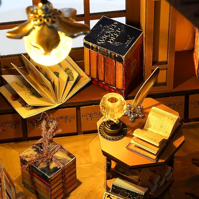Quanquer Miniature House Kit: Magic Book Store Book Nook with Furniture and LED Light - DIY Kits for Adults - Wooden Doll House - Great Handmade Craft Model - Tiny House Decor Ideal Gifts